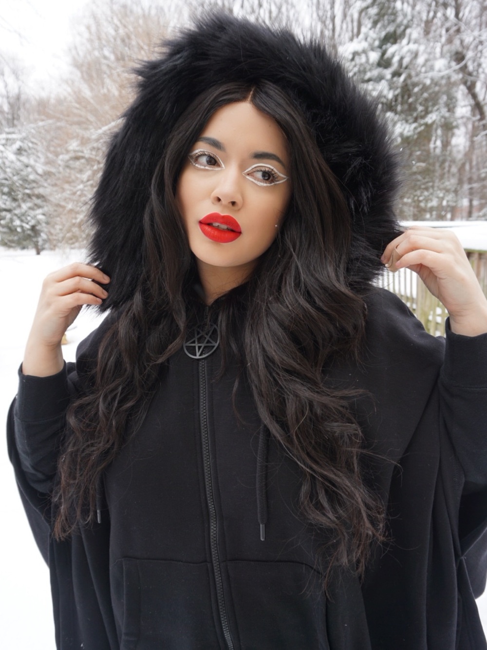 KILLSTAR Black Faux Fur Hooded Cape jacket